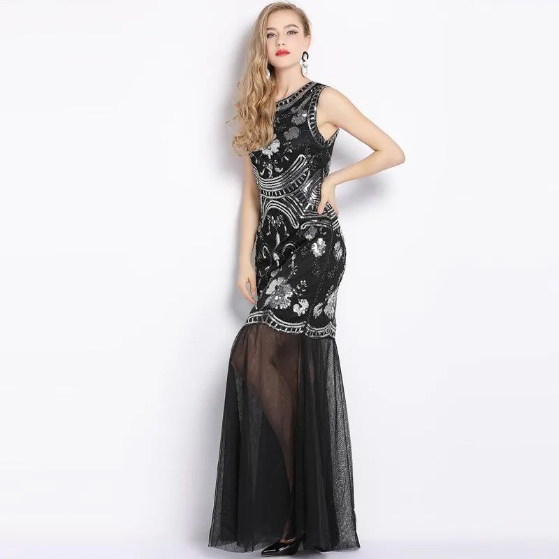 Summer New High-End Luxury Ladies Sleeveless Sequins Beaded Maxi Dress