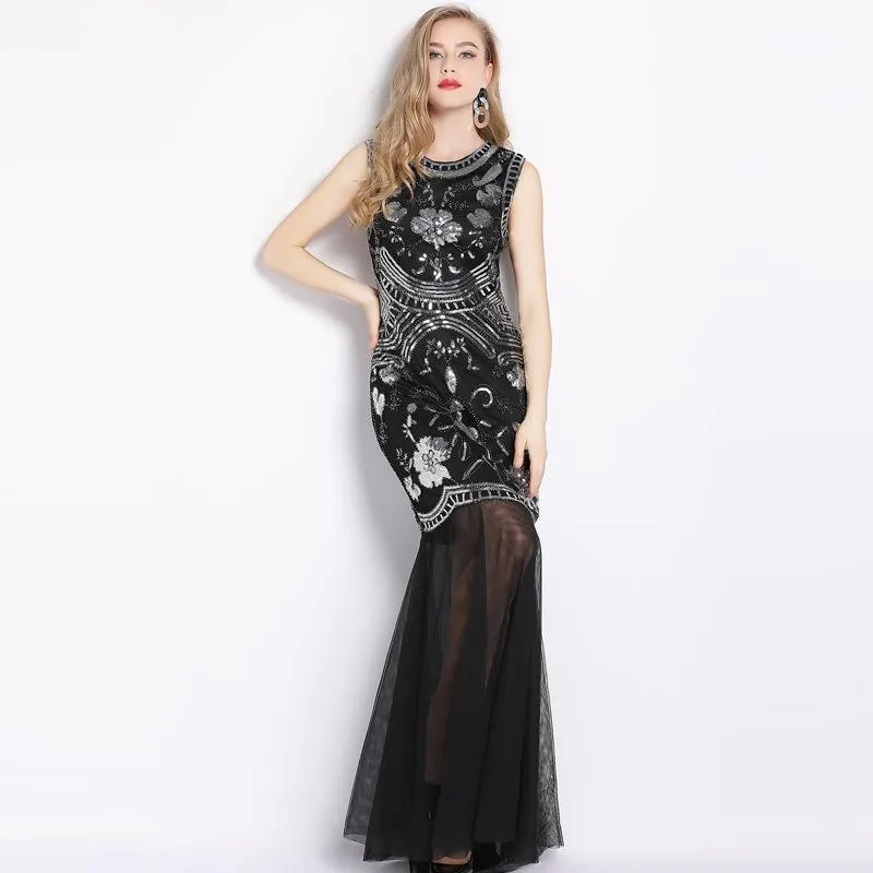 Summer New High-End Luxury Ladies Sleeveless Sequins Beaded Maxi Dress