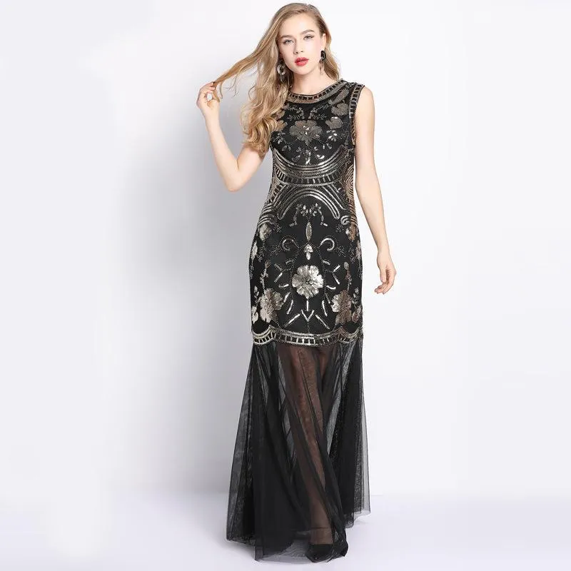 Summer New High-End Luxury Ladies Sleeveless Sequins Beaded Maxi Dress