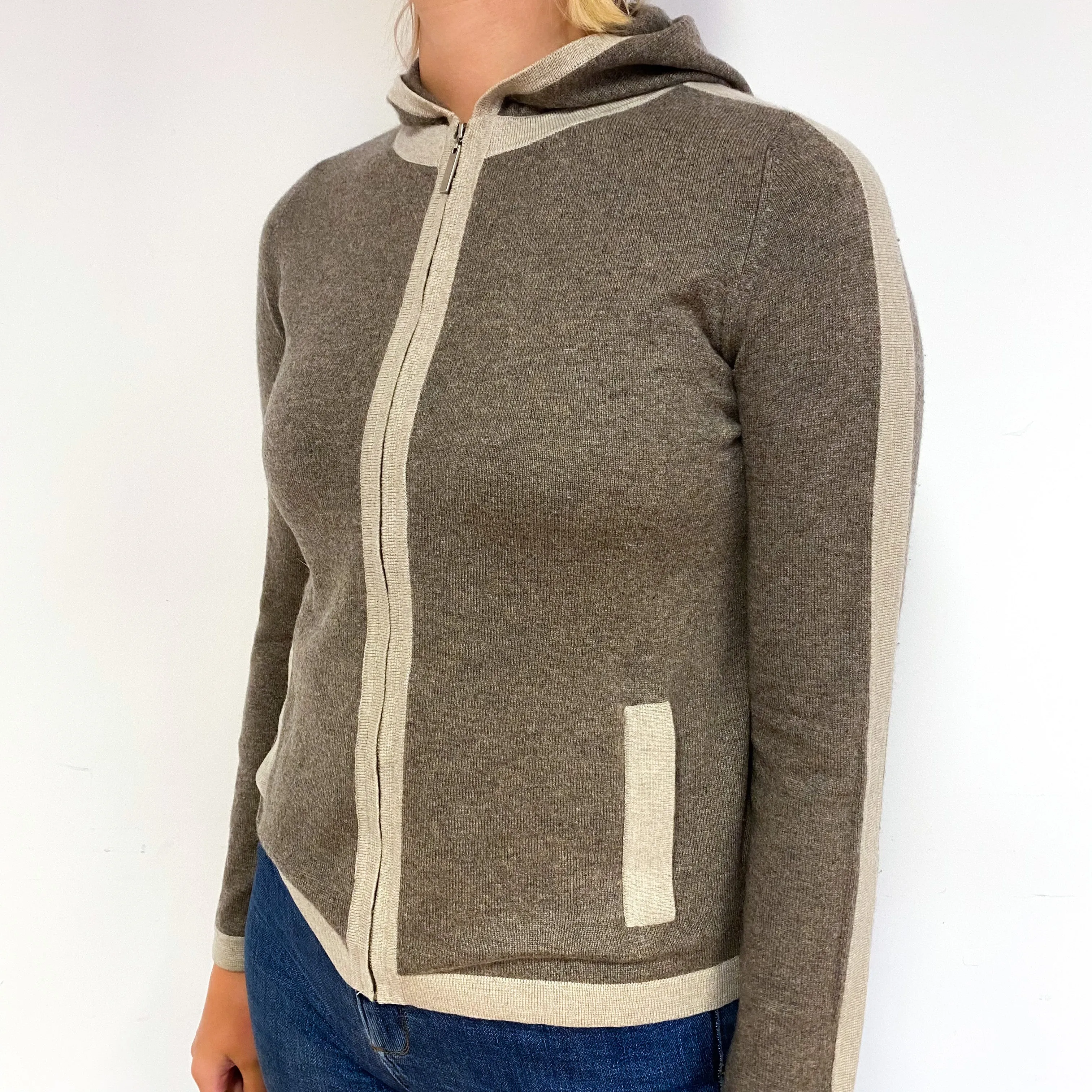 Taupe Brown Fawn Stripe Cashmere Zip Hoodie Cardigan Small