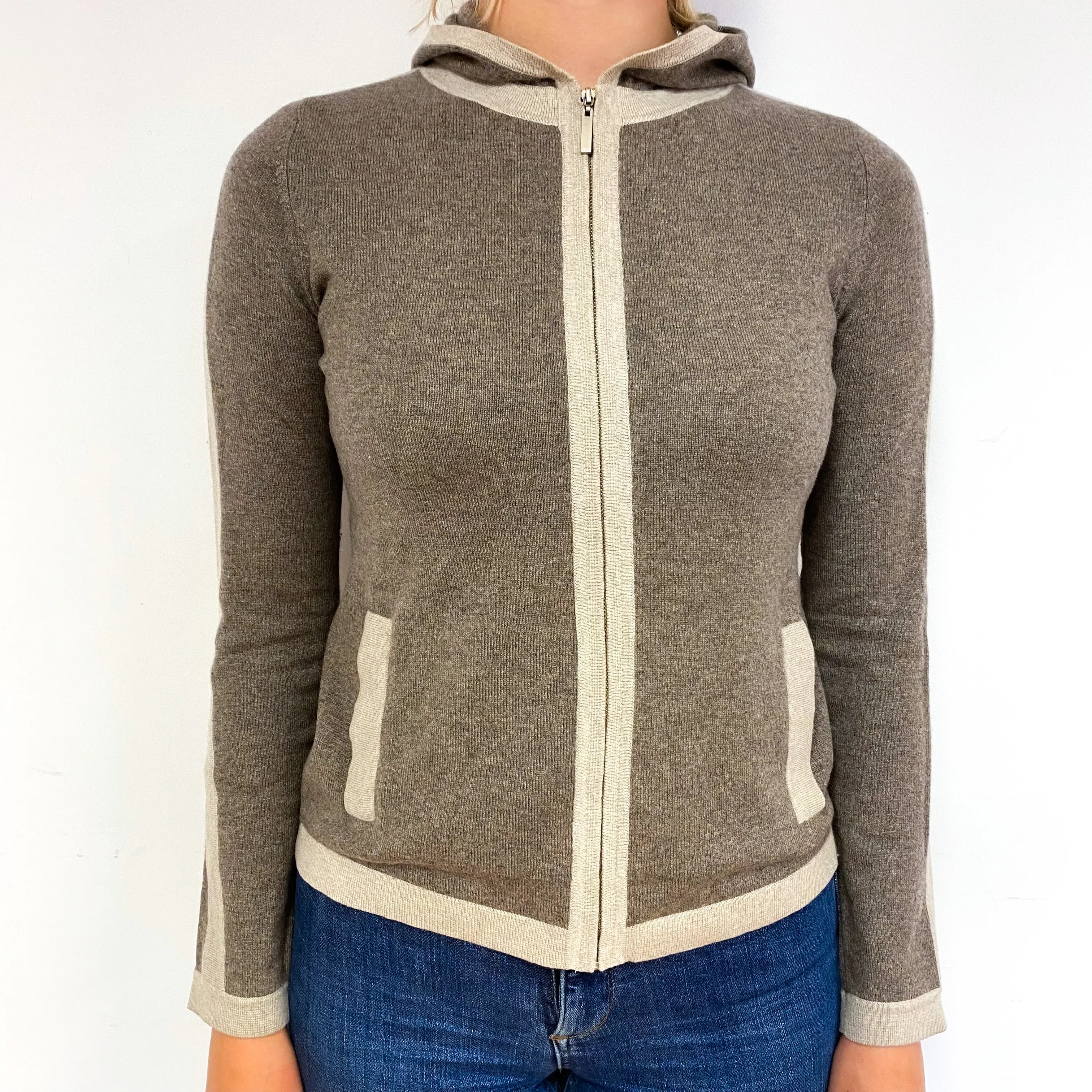 Taupe Brown Fawn Stripe Cashmere Zip Hoodie Cardigan Small