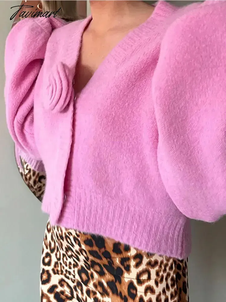 TAVIMART Purple Solid V Neck 3d Flower Knit Cardigan Fo Women Chic Casual Long Sleeve Cropped Jumper Sweater 2024 Spring Street Knitwear