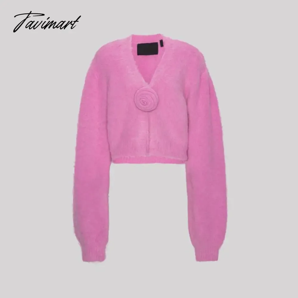 TAVIMART Purple Solid V Neck 3d Flower Knit Cardigan Fo Women Chic Casual Long Sleeve Cropped Jumper Sweater 2024 Spring Street Knitwear