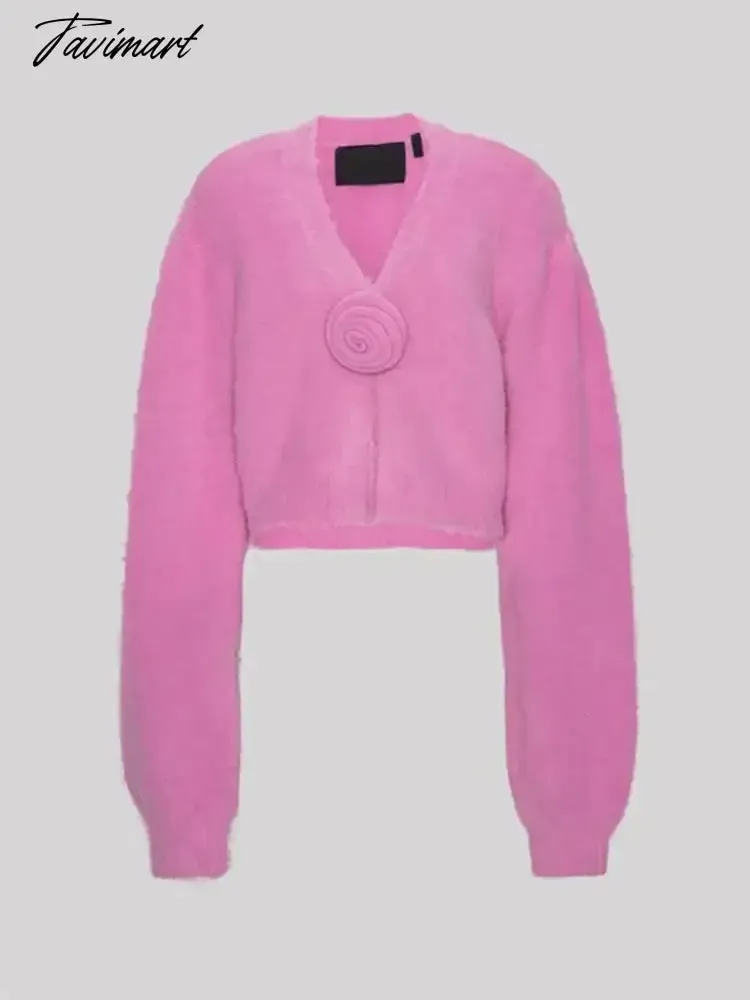 TAVIMART Purple Solid V Neck 3d Flower Knit Cardigan Fo Women Chic Casual Long Sleeve Cropped Jumper Sweater 2024 Spring Street Knitwear