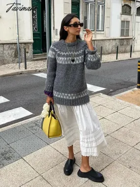 TAVIMART Vintage Autumn Women's Print Oversized Knit Jumper Long Sleeve O-neck Loose Party Pullover Sweater Chic Female Casual Knitwears