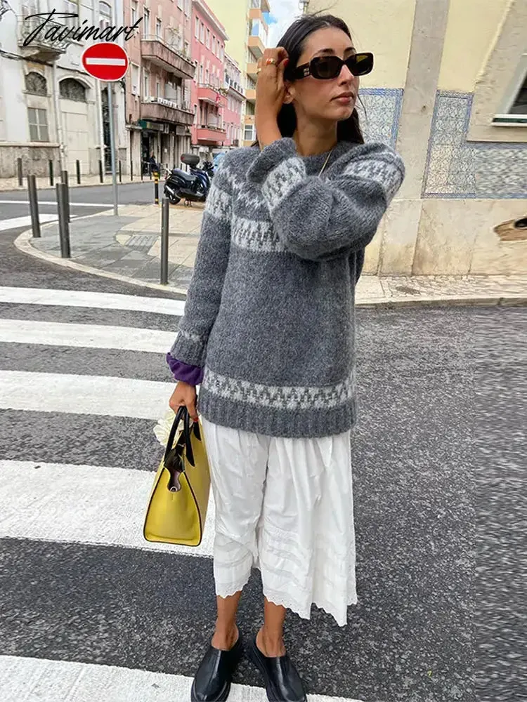 TAVIMART Vintage Autumn Women's Print Oversized Knit Jumper Long Sleeve O-neck Loose Party Pullover Sweater Chic Female Casual Knitwears