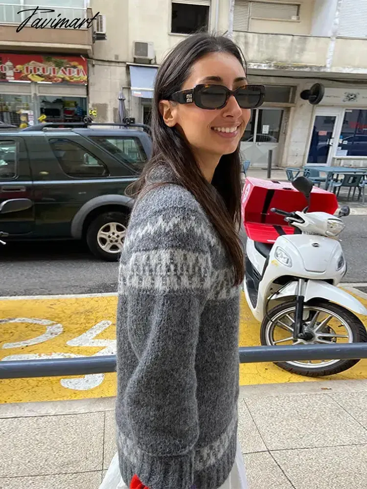 TAVIMART Vintage Autumn Women's Print Oversized Knit Jumper Long Sleeve O-neck Loose Party Pullover Sweater Chic Female Casual Knitwears