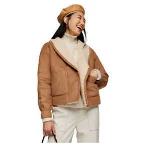Trendy Nutty Brown Faux Shearling Leather Jacket – Stylish & Warm