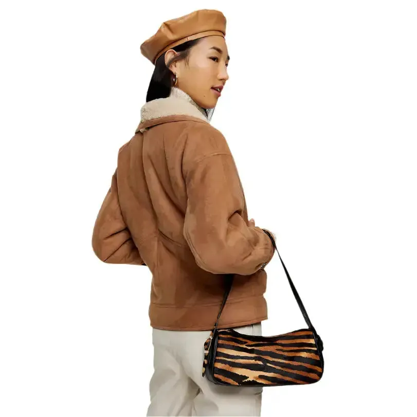 Trendy Nutty Brown Faux Shearling Leather Jacket – Stylish & Warm