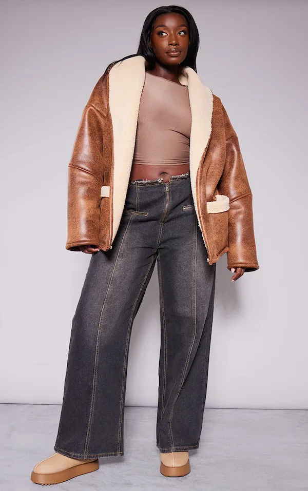 Women Brown Real Leather Belt Tie Aviator Jacket By TJS