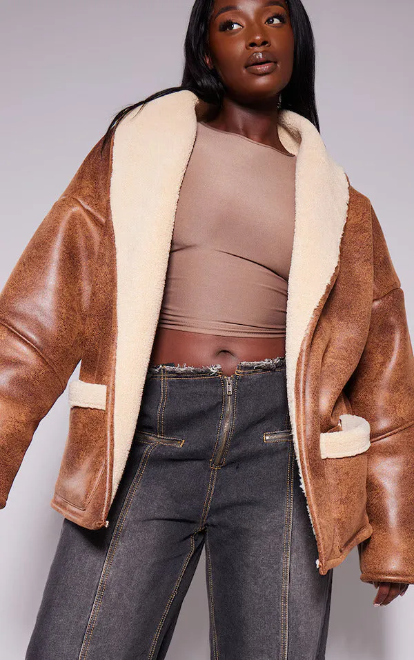 Women Brown Real Leather Belt Tie Aviator Jacket By TJS